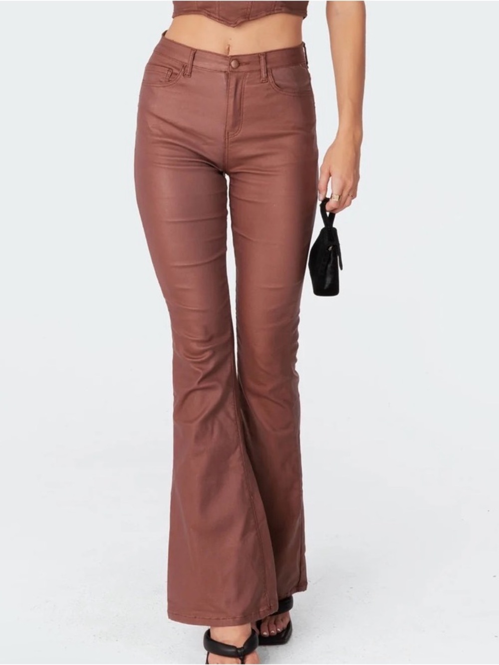 Edikted Brown Luna Faux-Leather Flared Pants